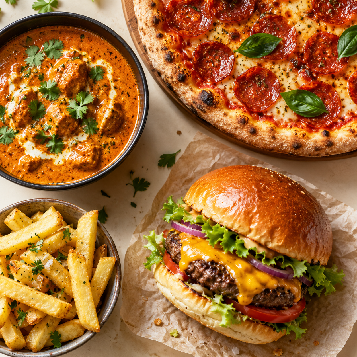 A spread of pizza, Indian curry, a cheeseburger and golden chips